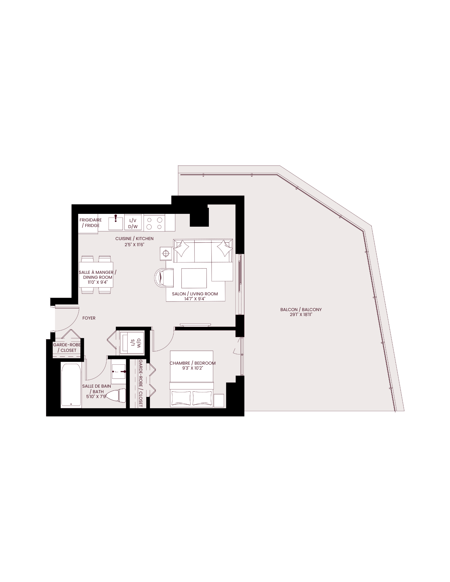 Floor plan for 1 bed, 1 bath, 556 sqft